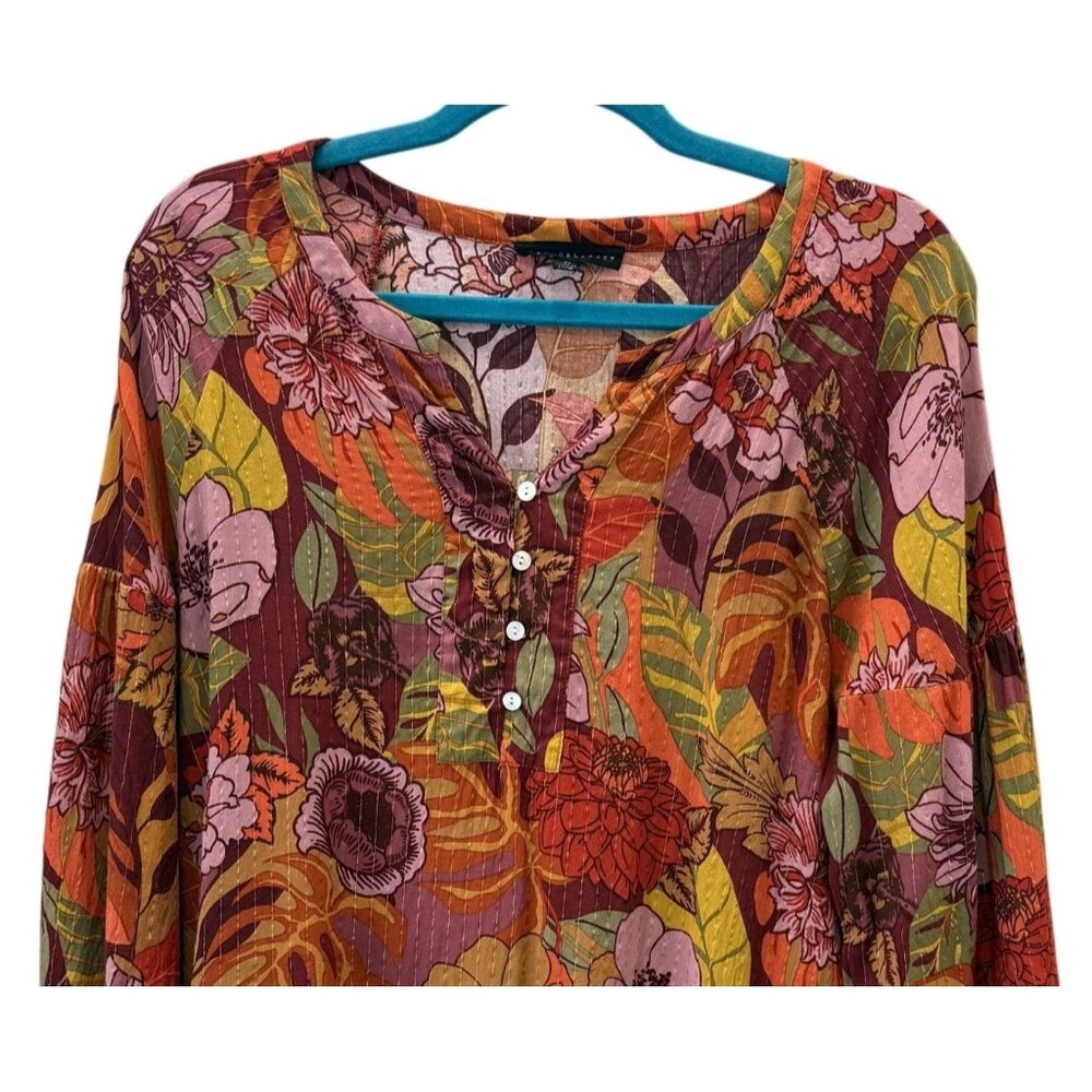 Jane Delancey Womens Floral Purple Gold Metallic Stripe Split Neck XL - Picture 2 of 7